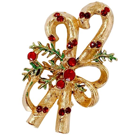 Vintage 1960s Candy Cane Christmas Brooch Red Rhinestone Gold Tone Mid Century - Picture 1 of 9
